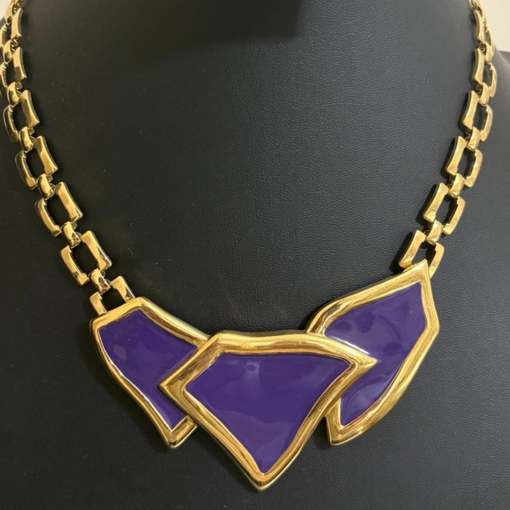 Gold purple blue enamel statement necklace